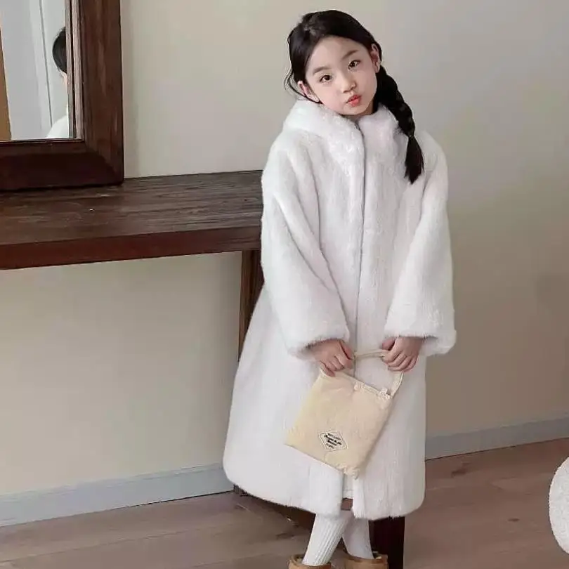 2024 Winter New Children\'s Faux Fur Jacket Imitation Mink Fur Coat Girls Warm Hooded Overcoat A4230