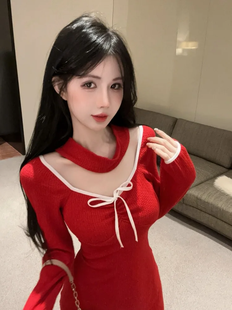 

Slim Fit Long Sleeve Red Dress Women's Fashionable Autumn Winter New Style Pure Desire Korean Style Commute Short Skirt