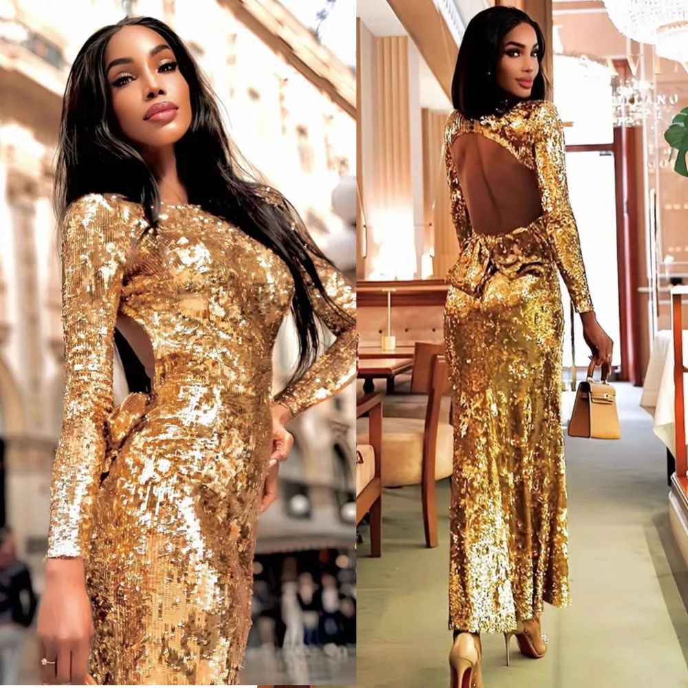 

Elegant Long Sleeve Backless Dress Shiny Sequins Comfortable Casual Fashionable for Party Wedding Anniversary Performance