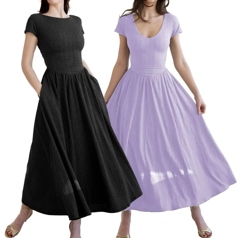 Women's Black Short Sleeve Maxi Dress U-Neck Casual A-Line Flared Swing Midi Dresses For Summer Daily Wear  dresses