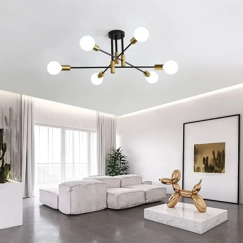 Candelabro de techo de rama nórdica moderna, lámpara colgante de línea interior de hierro E27, minimalista, E27, color negro/dorado, para sala de