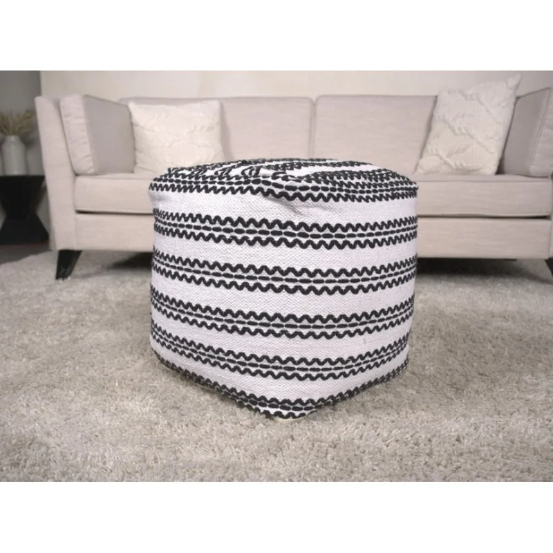 

Natural Handcrafted Fabric Pouf with Black Accents