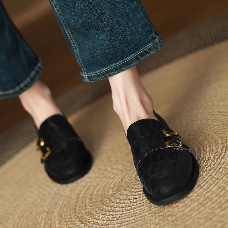 ليوبارد الراهب أحذية النساء جلد العجل جلد طبيعي مشبك حزام البروغ نمط جولة تو عارضة السيدات الشقق اليدوية