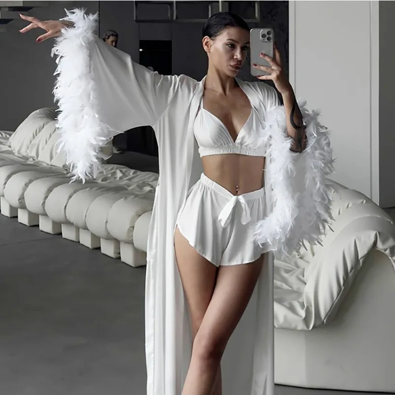 2026 Women's High End Imitation Silk Three Piece Loungewear Set Featuring Feather Robe Pajama Shorts Autumn Winter L Size Sexy