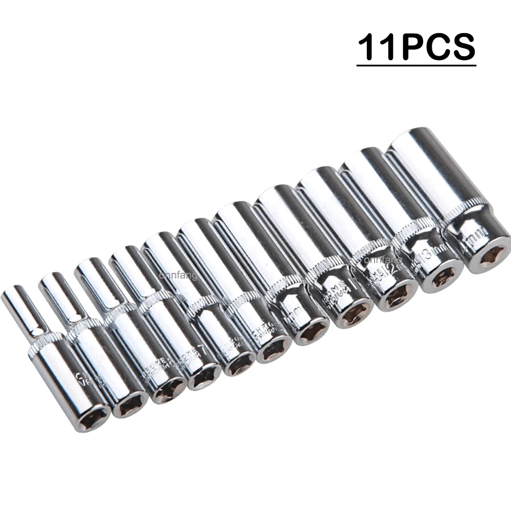 

11Pcs Long Chrome Vanadium Steel Deep Socket Set 1/4-Inch Drive Metric 4-14mm Sizes for Ratchet Wrenches and Torque Spanners