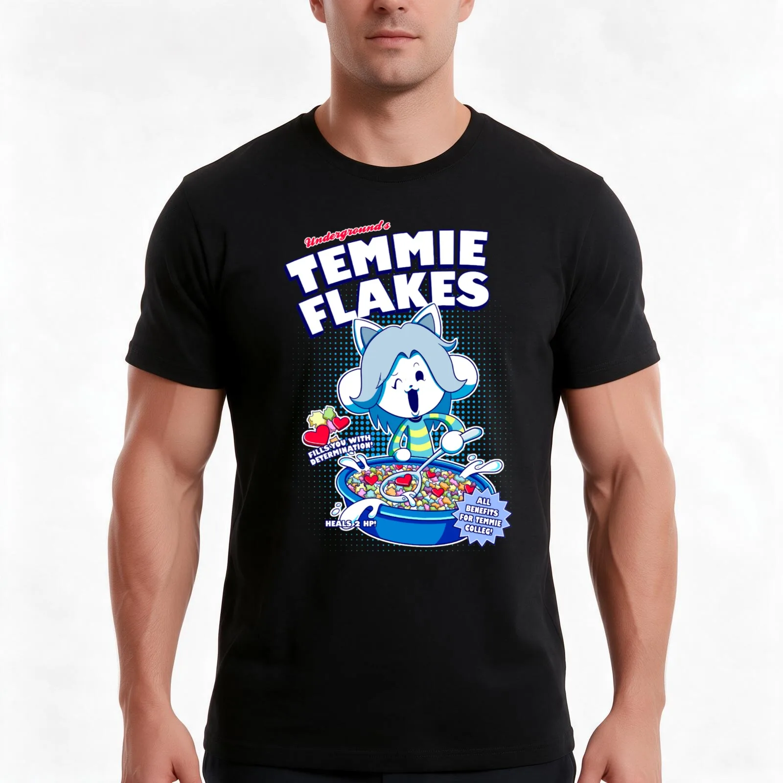 Temmie Flakes T-Shirt, Summer Casual Cotton Tee, Oversized Streetwear Tops, Vintage Graphic Print, Loose Fit Short Sleeve