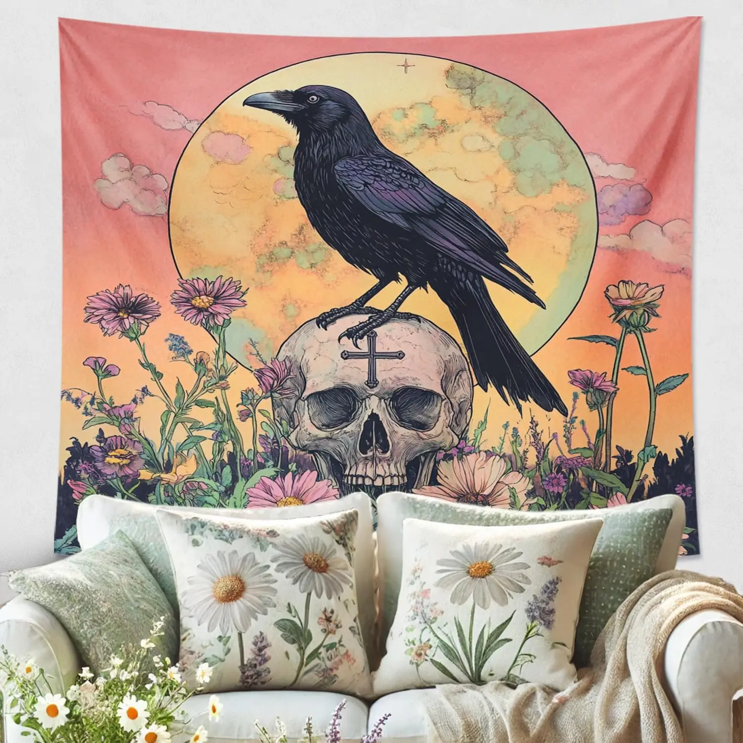 Raven and Skull Tapestry, Dark Violet Grey Decorative Wall Hanging,Gothic Tapestries Aesthetic for Living Room,Bedroom,Halloween