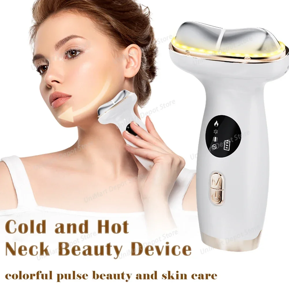 EMS Neck & Facial Massager, 7-Color LED Light Therapy, V-Line Chin Lifting for Double Chin & Neck Wrinkle Reduction
