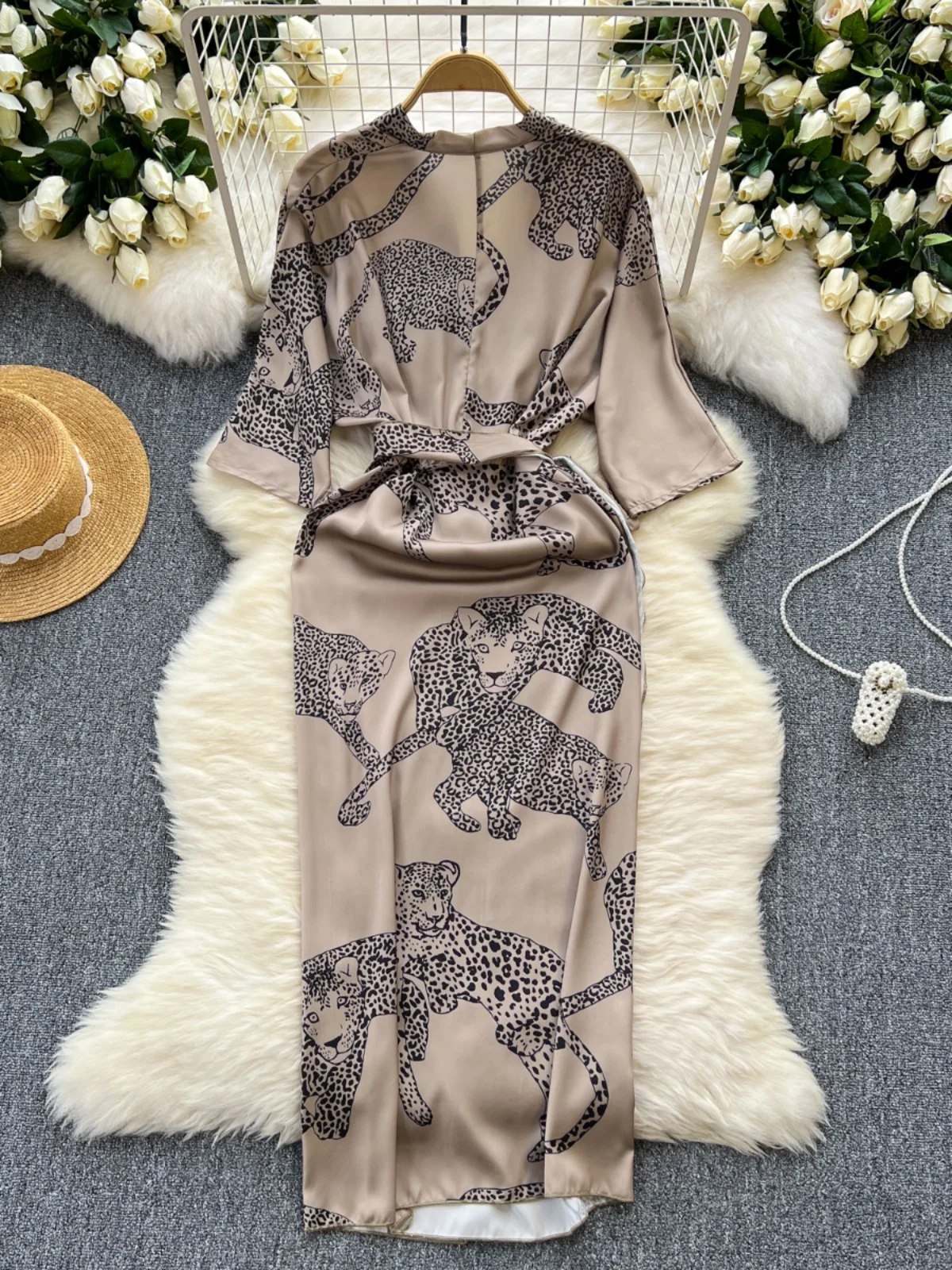 Vestido Estilo Casual para Mujer, Verano 2024, Nuevo, E, Estampado, Satinado, Cintura Ajustada, Falda Midi en Línea A,...