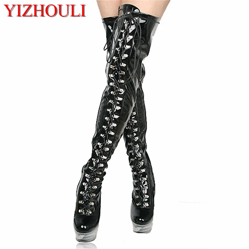 

6 inch Ultra high heels over-the-knee women's Front strap pole dancing shoes fashion thigh highs motorcycle dance shoes