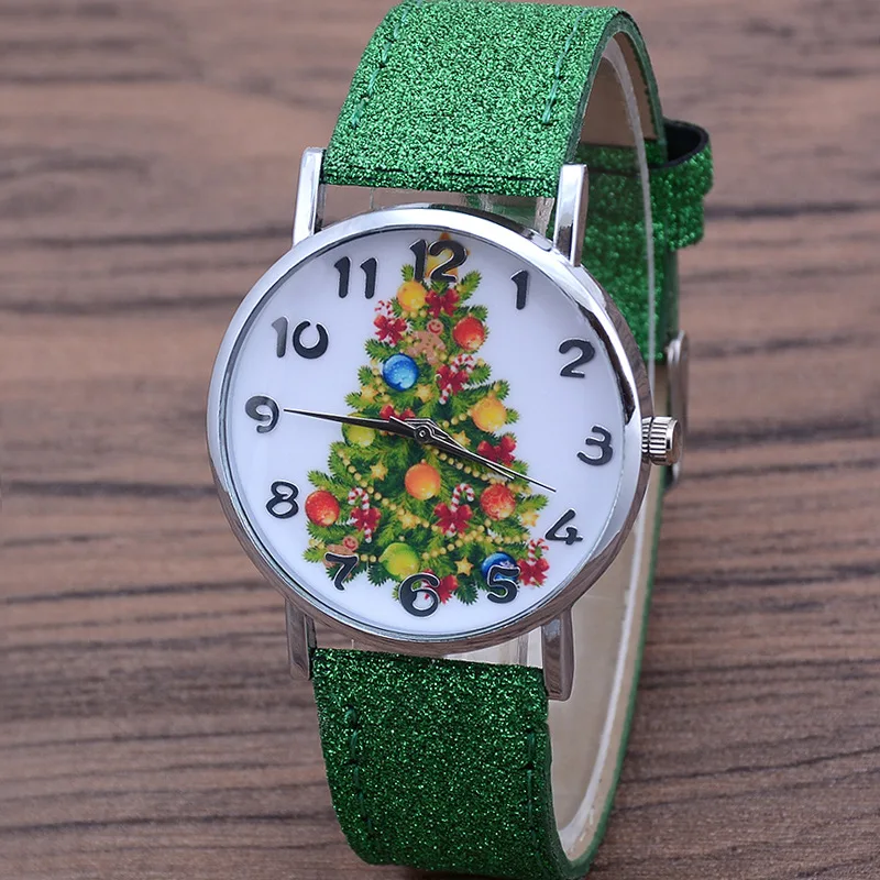 Montre à quartz avec bracelet en cuir brillant pour femme, arbre de Noël décontracté, cadeau d'anniversaire