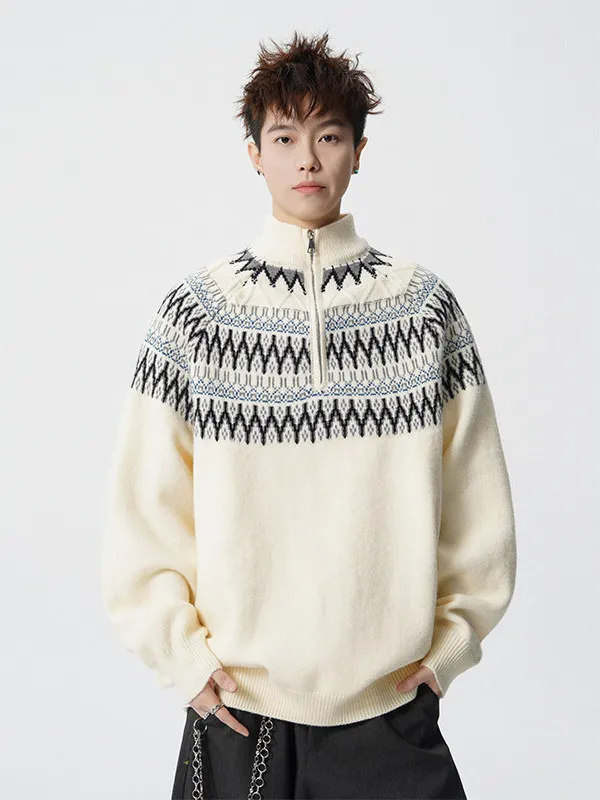 

Heavyweight Fair Isle f Zip Sweater ex Winter American Lazy Sle Overhead Knitwear Retro Design Knitted irt