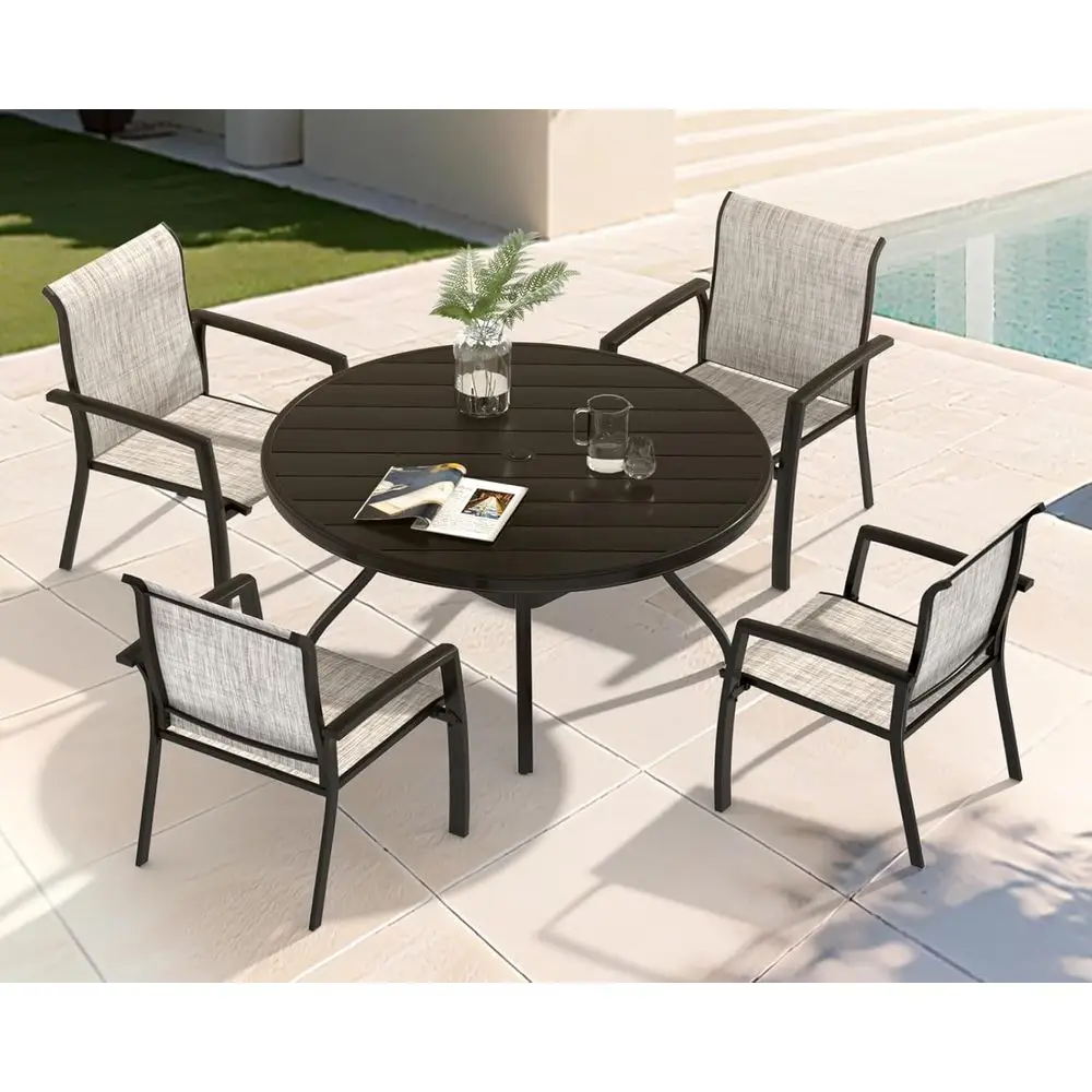 

Round Patio Dining Set with 4 Stackable Chairs, Umbrella Hole, and Black Teslin Fabric for Outdoor Lawn and Poolside