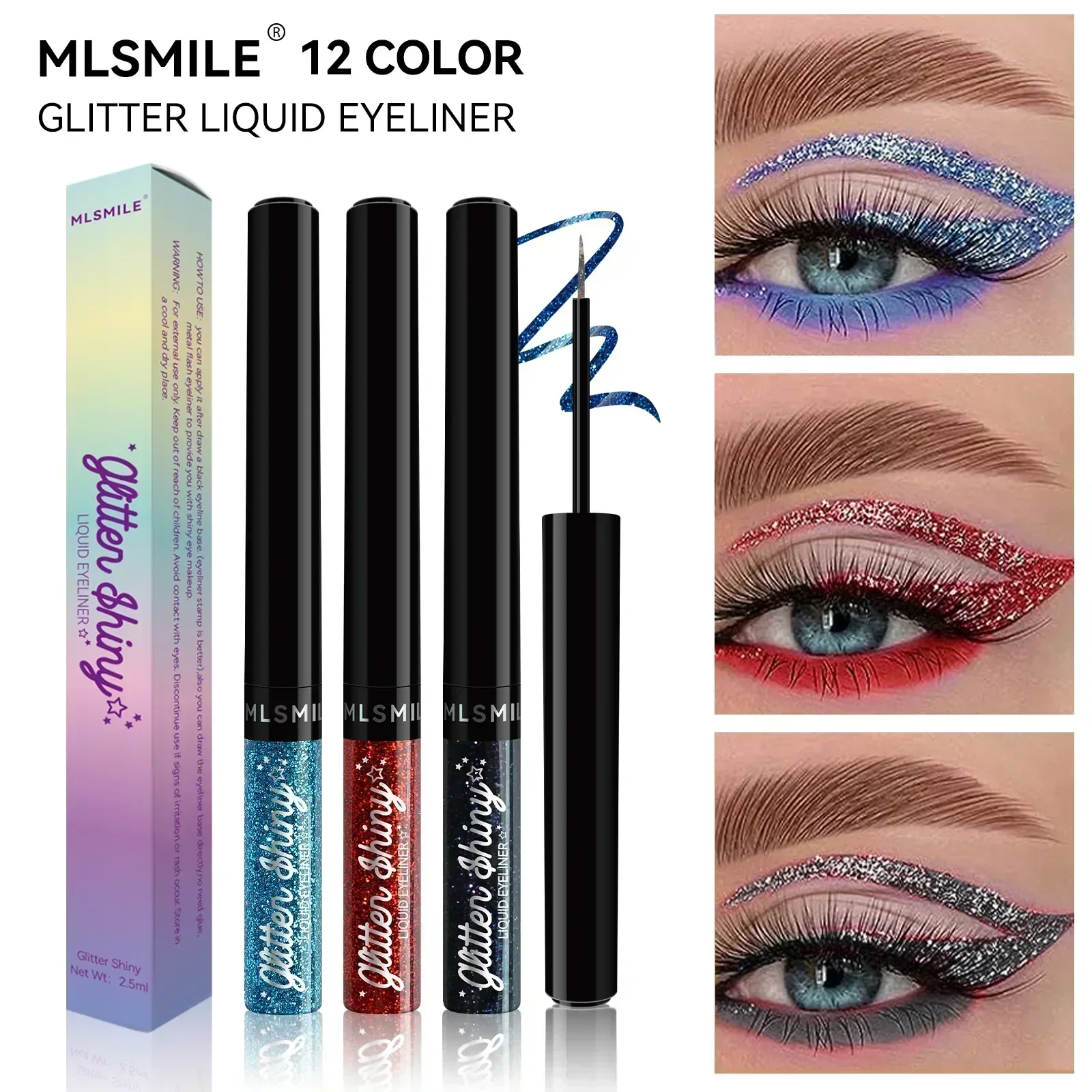 

MLSMILE 12 Color Glitter Liquid Eyeliner Waterproof Long-wearing Multi-purpose Quick Dry Non Sticky Festival Party Cosmetic 2.5g