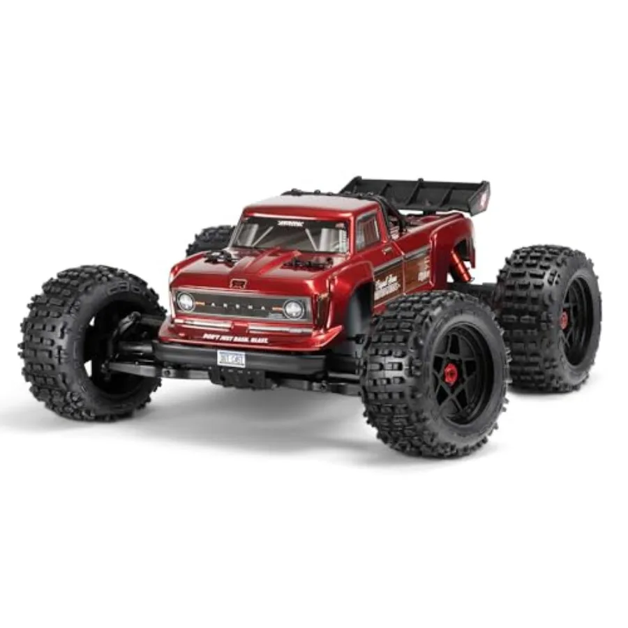 RC Truck Outcast 4X4 4S BLX 1/10th 4WD stunt truck RTR for outdoor stunts, durable ABS plastic body in black-red, high-torque b