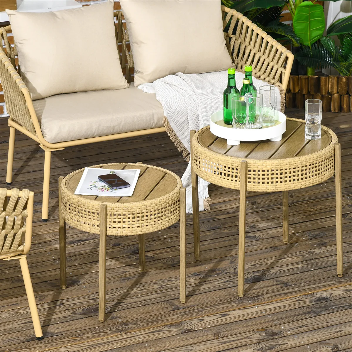 PE Wicker Patio End Table Set,With a nesting design,outdoor end tables can stack giving the option for a more open floor plan