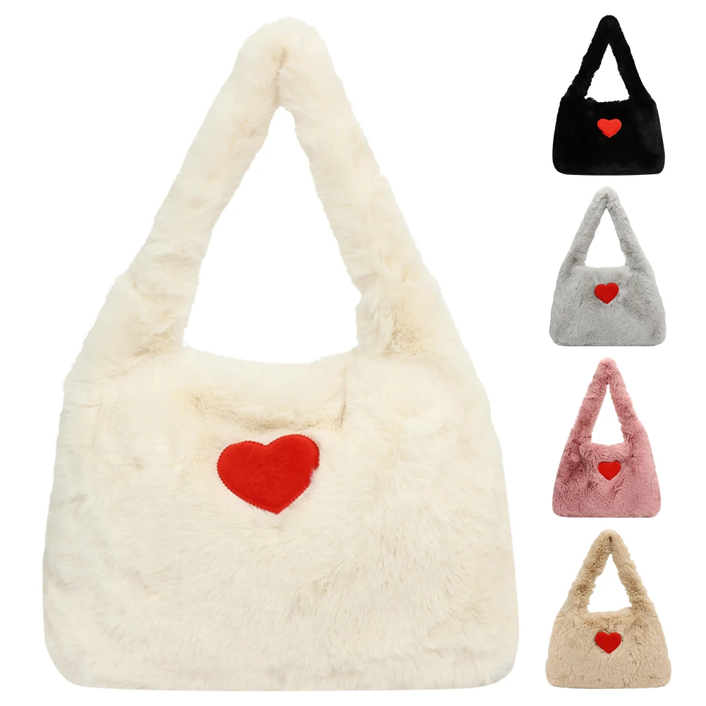 

Women Faux Fur Shoulder Purse Large Capacity Fuzzy Top Handle Bag with Heart Slouchy Hobo Bag Soft Furry Carrying Bag