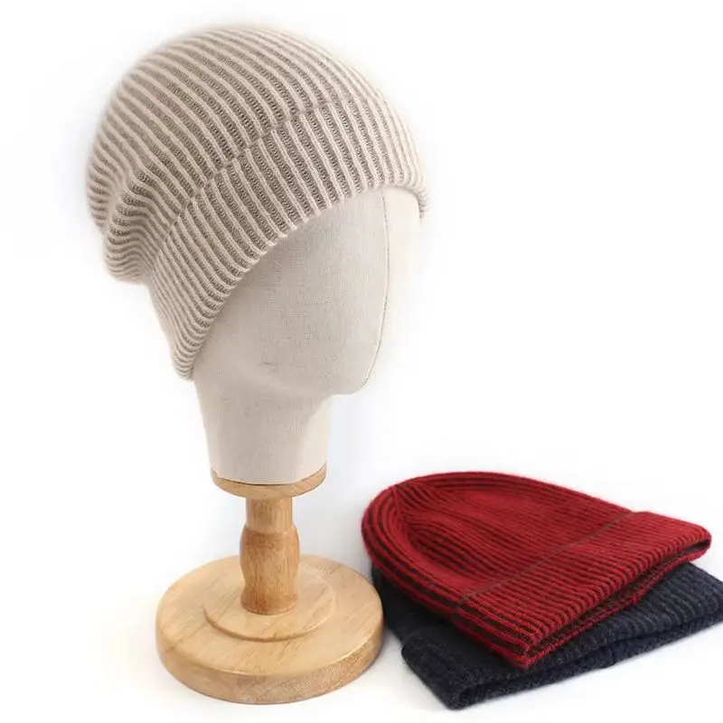 CAIXINGLE Unisex Stripe 100% Cashmere Beanies Winter Soft Warm Hat Hip Cap High Quality Knitted Beanie Hat Caps for Women Men