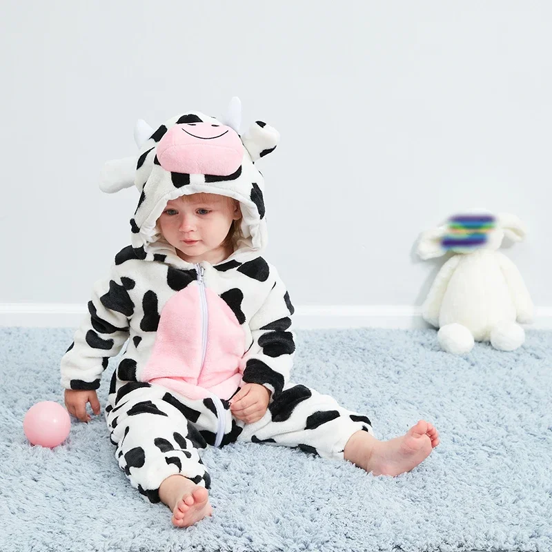 Umorden animal milk cow costume Kigurumi romper for baby boys girls Infant Toddler hooded jumpsuit onesie outfit flannel 0-36m