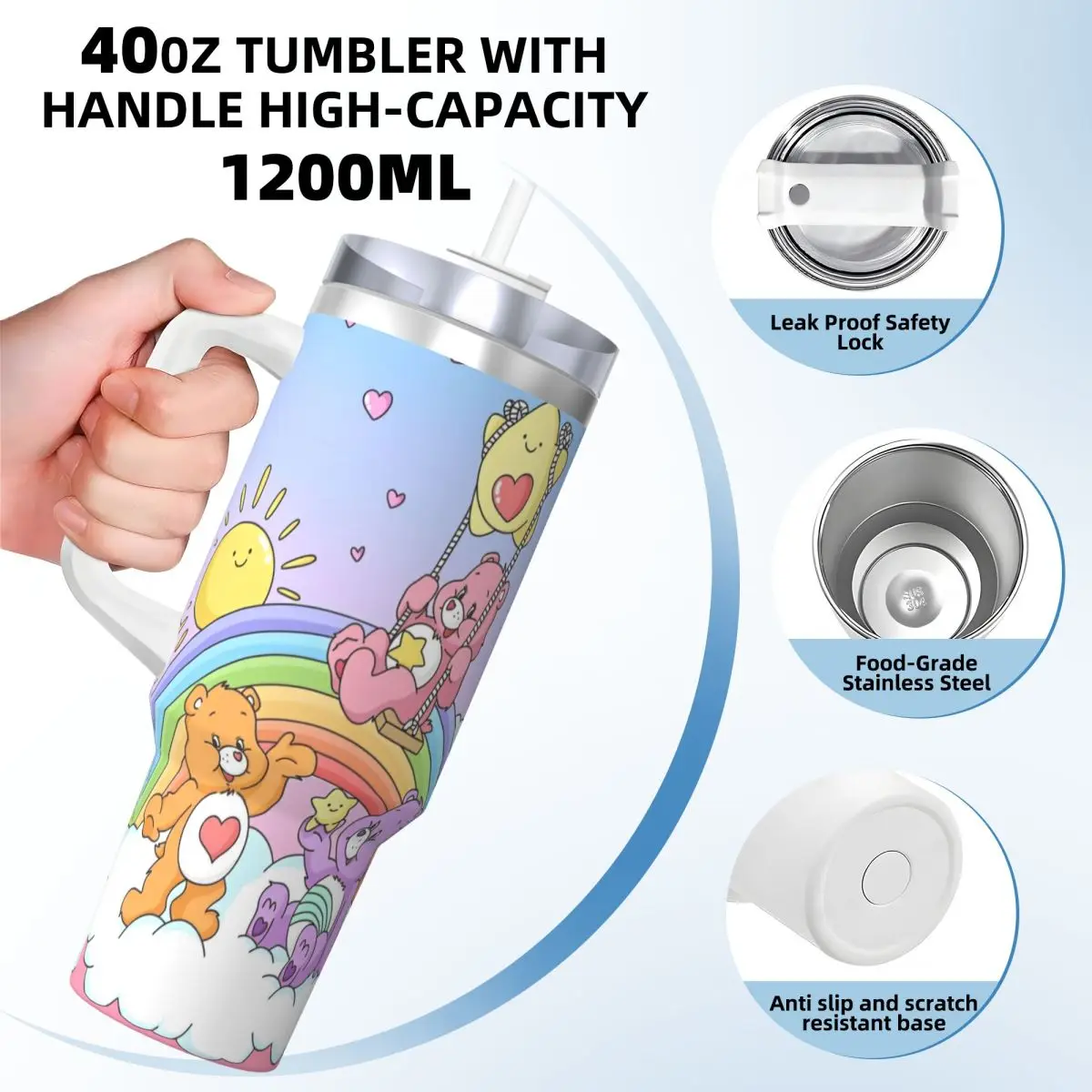 Care Bears Tumbler Cold and Hot Water Bottle Insulated Stainless Steel Thermal Mug Custom DIY Travel Car Mugs