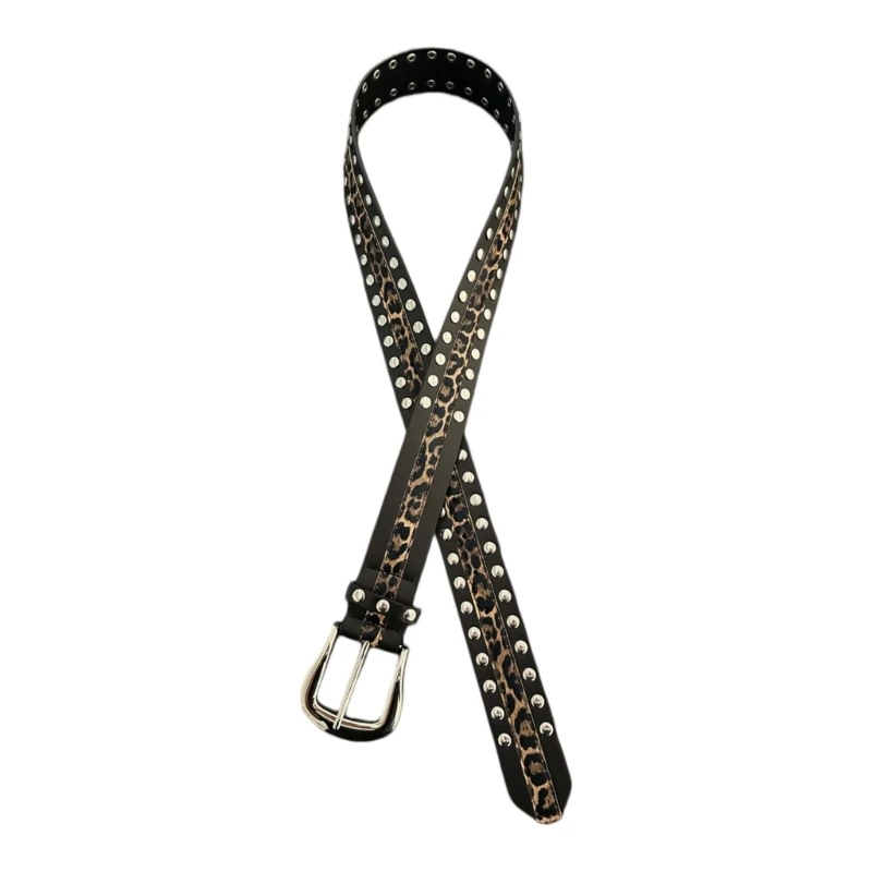 Animal Print Waist Belt with Pin Closure, Black PU Fashion Belt with Double-Row Metal Trim, Adjustable 110 Belt for and Y08E