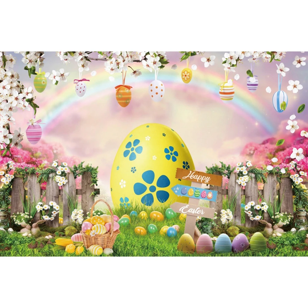 Spring Easter Backdrop for Photography Rabbit Colorful Eggs Flower Bunny Truck Garden Easter Baby Shower Background Photo Studio