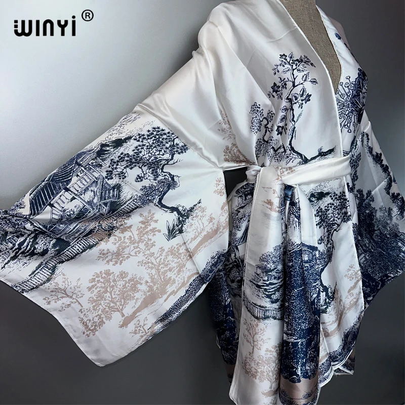 WINYI Sommer Kimono Strand Outfits Frauen Badeanzug Cover Up Boho Strickjacke Stich Selbst Gürtel sexy Urlaub Langarm Print Mantel