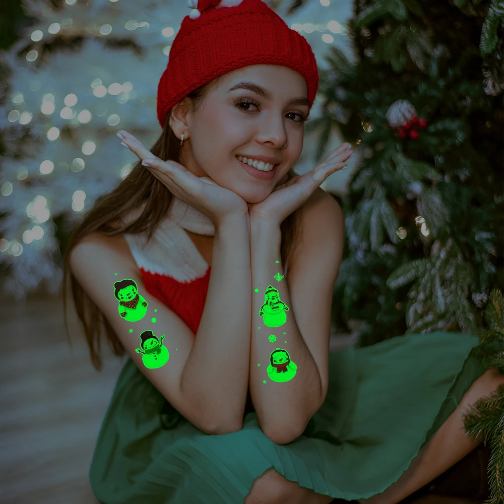 وشم مؤقت لعيد الميلاد المتوهج-سانتا كلوز، ساعة، شجرة، تصميم رجل الثلج لتزيين الوشم على شكل رسوم للجسم، حفلة دعائم عيد الميلاد #4
