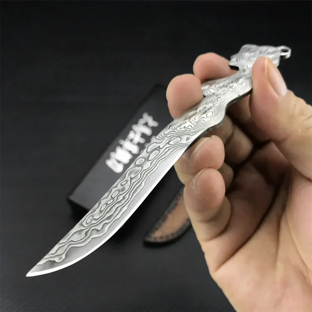 Excellent Handcrafted Flying Goddess Damascus Steel Mini EDC Fixed Blade Knife - Versatile Survival Gear Outdoors Camping Knife