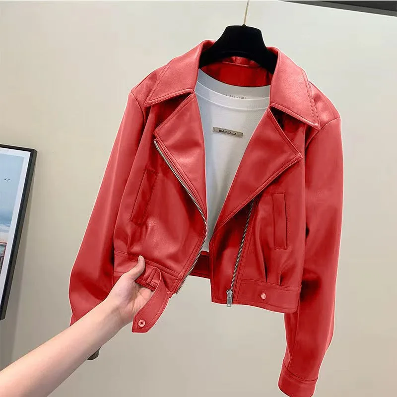 2026 Fashion Spring Autumn Silvery Short Leather Jacket Women's Coat Zipper-up Turndown-collar Casual Top Streetwear Loose Coats