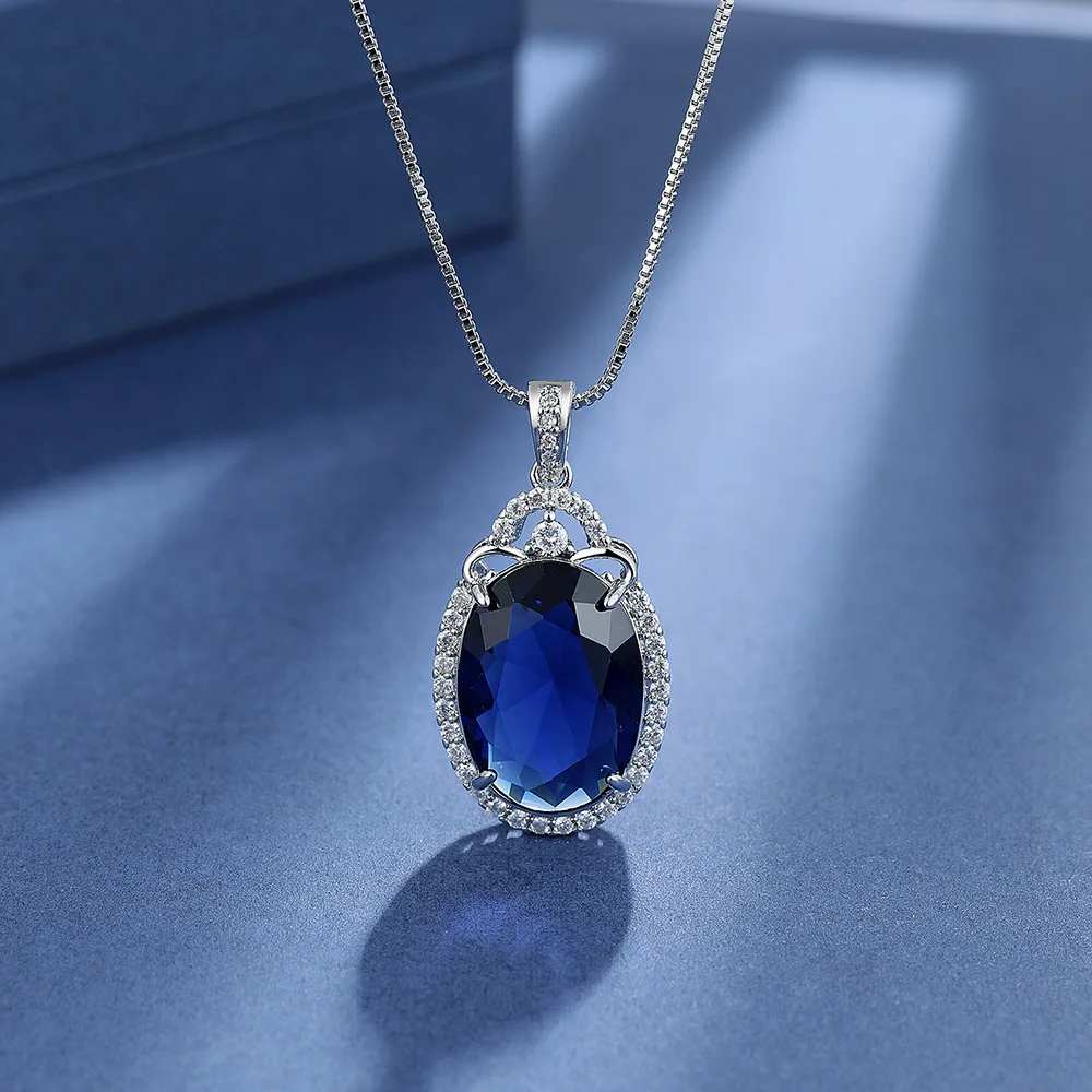 

925 Sterling Silver Retro Fashion Blue Zircon Full Diamond Necklace Party Birthday Anniversary Wedding Gift