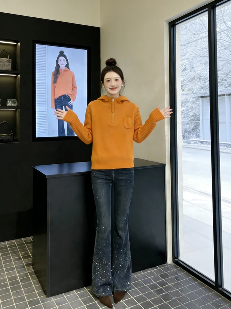 

Faionable Hooded Semi-Zip Knitwear Set Women's High Waist Flared Jeans Slimming Two-Piece Set Spring 2026 Korean Sle