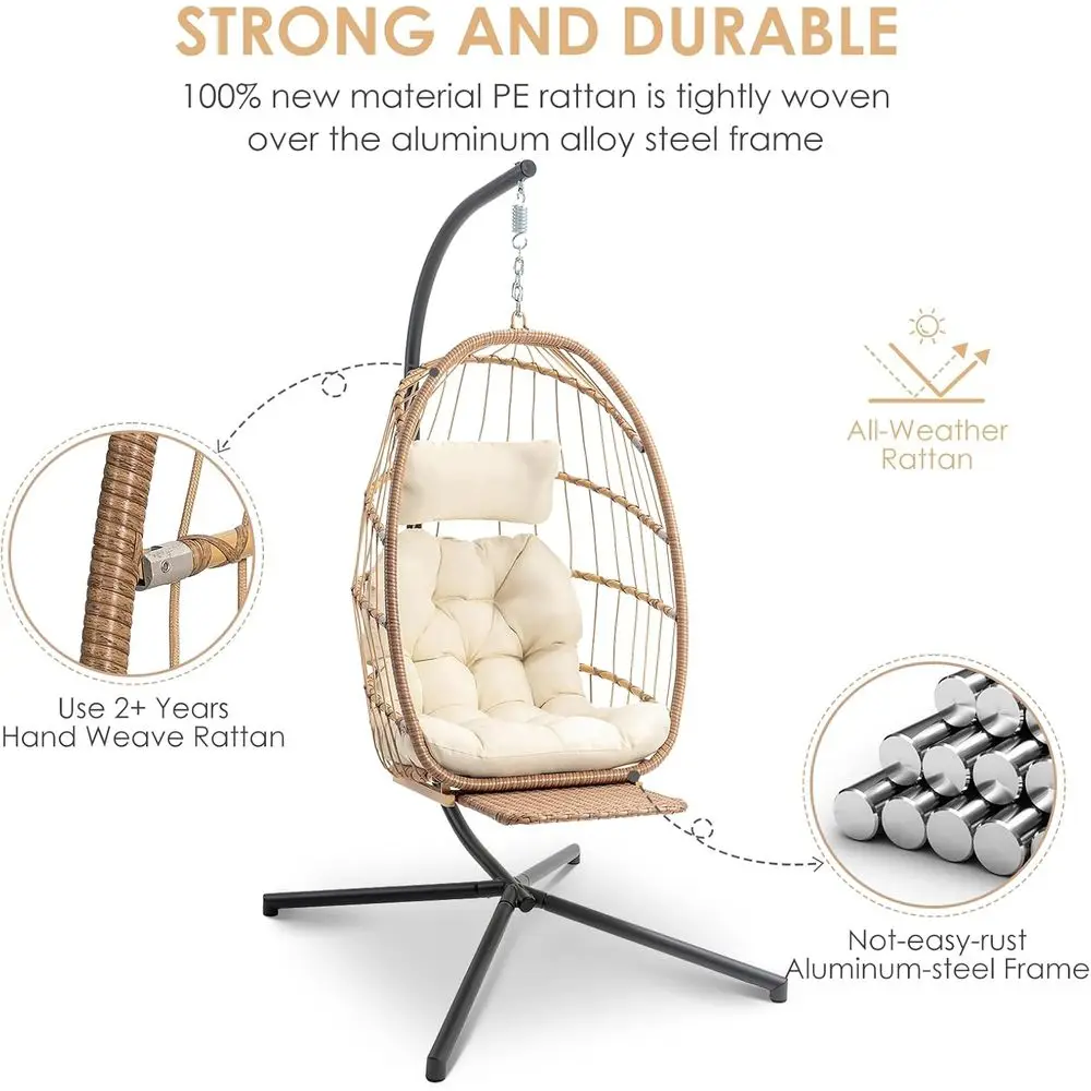 Indoor/Outdoor Wicker Egg Swing Chair with Steel Stand and UV-Resistant Cushion, Supports up to 370lbs