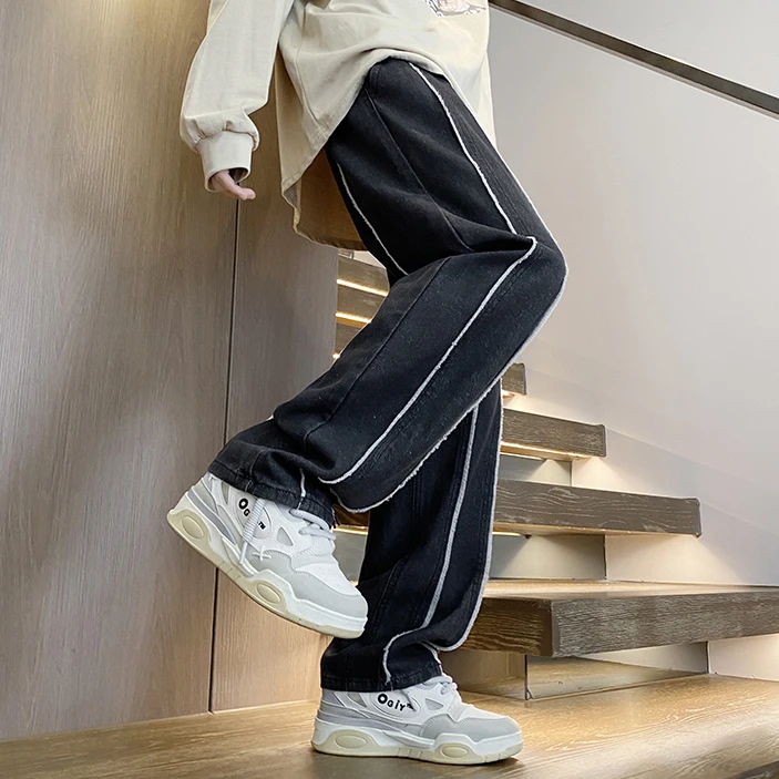 

Американские джинсы свободного кроя с широкими штанинами для мужчин, дизайнерские, с рваными элементами и вставками, прямые, весенне-осенние, модные, винтажные