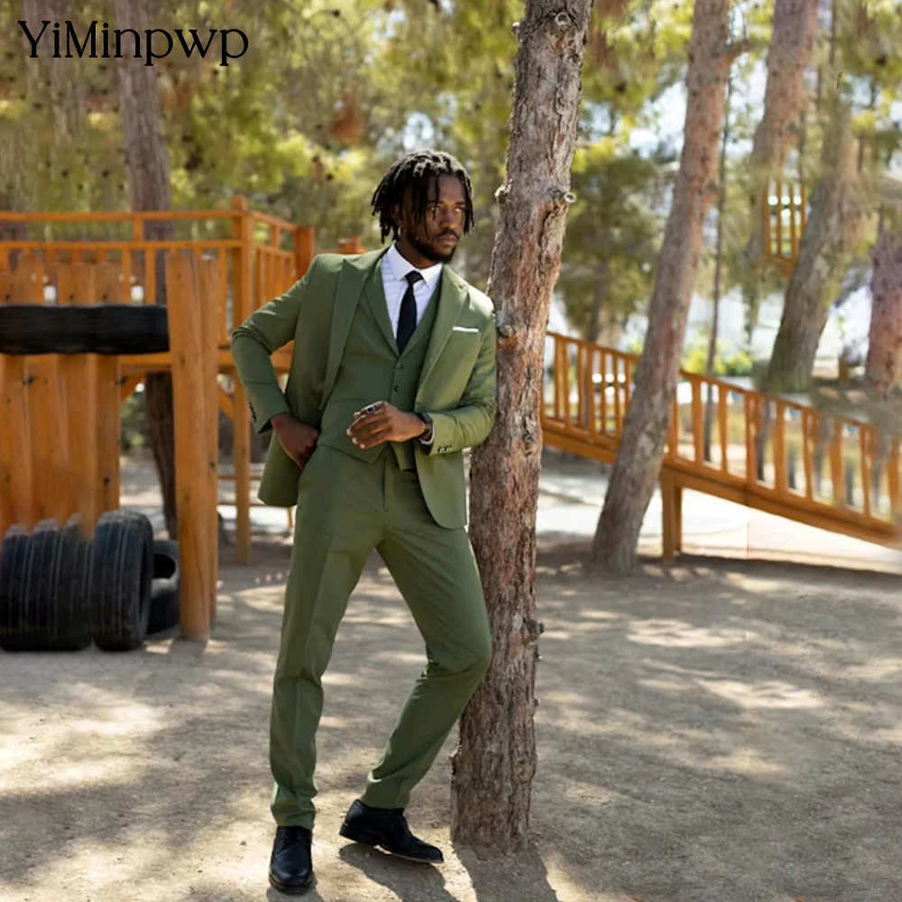

YiMinpwp Green Men'Suits Set Satin Wedding 3 Pieces Peaked Lapel Business Slim Fit Party Prom Formal Wear Tuxedos Suit XS-5XL