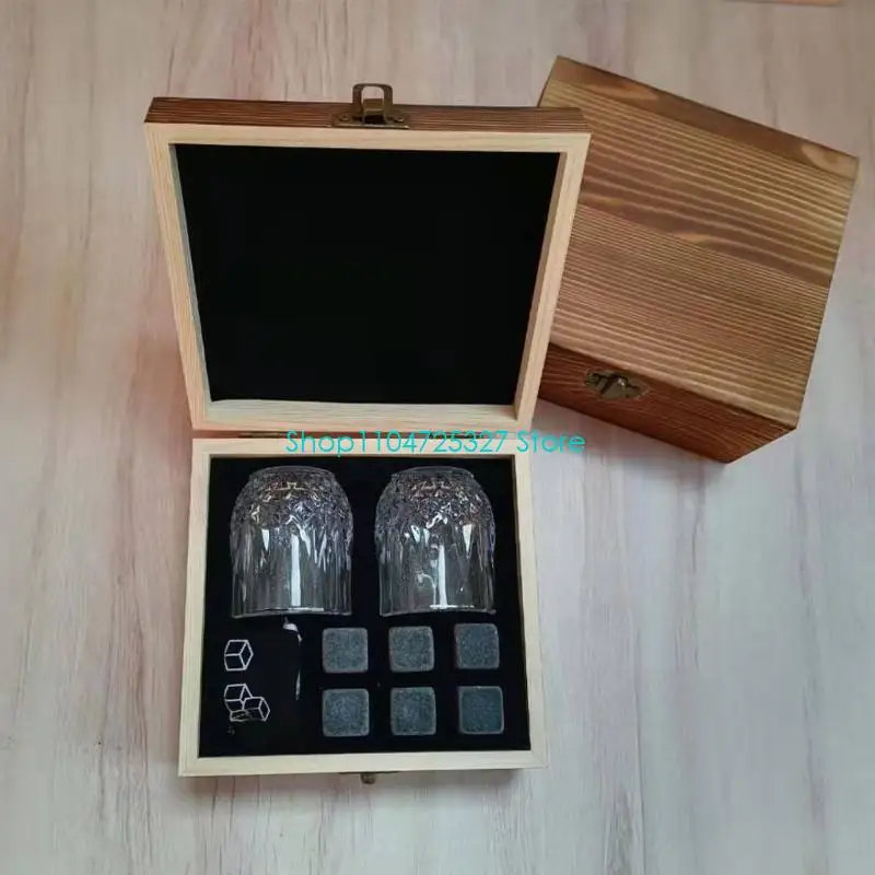 D8KF Wooden Box Stones Gift Set Made of Natural Stones Ice Cubes Reusable