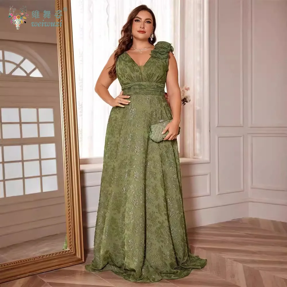 

Olive Green Plus Size Floor Standing Dress V-neck Sleeveless High Waisted Backless Fashionable and Elegant Party Evening Dresses