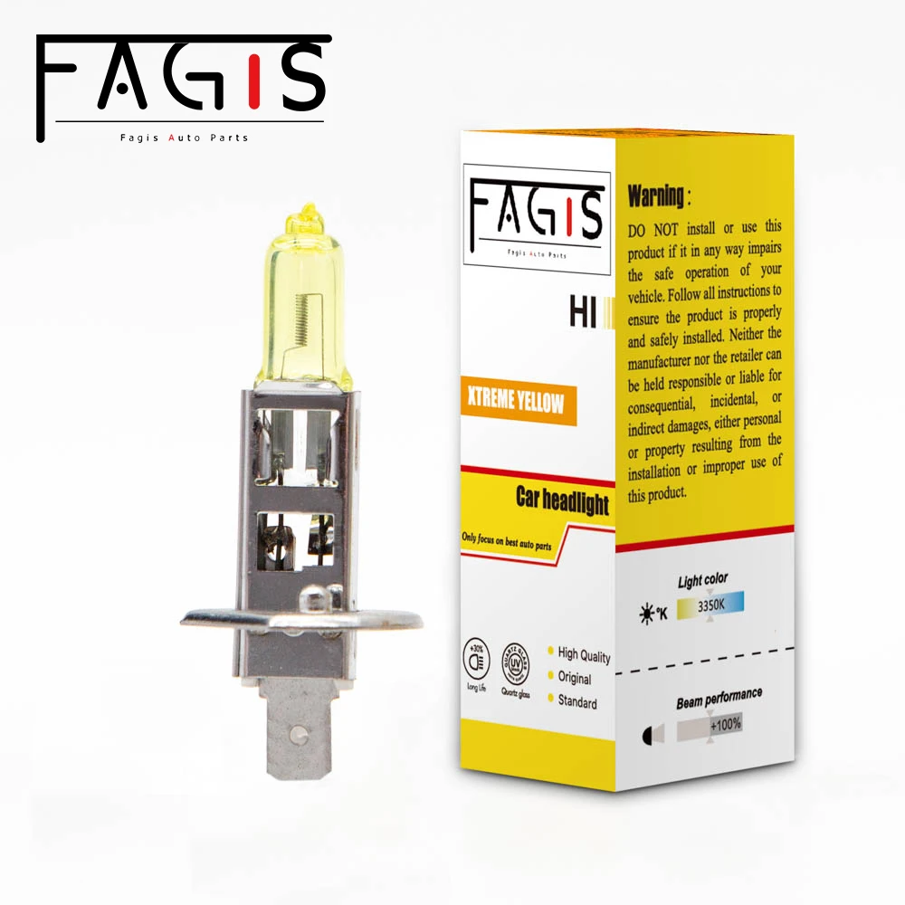 Fagis 1 Pcs H1 12V 55W Yellow Light Car Headlight 2800K Auto Halogen Bulbs Fog Lamps High Beam Halogen Lamps