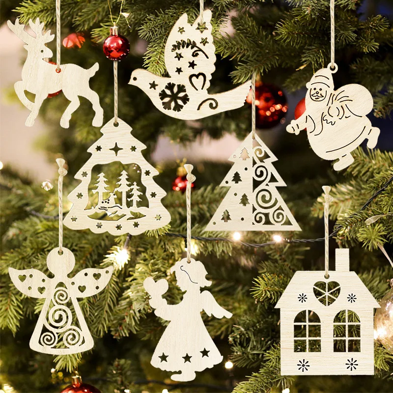 

5pcs Christmas House Wooden Pendants Ornaments Wood Crafts Snowflake Santa Xmas Tree Hanging Decoration For Home New Year Gifts