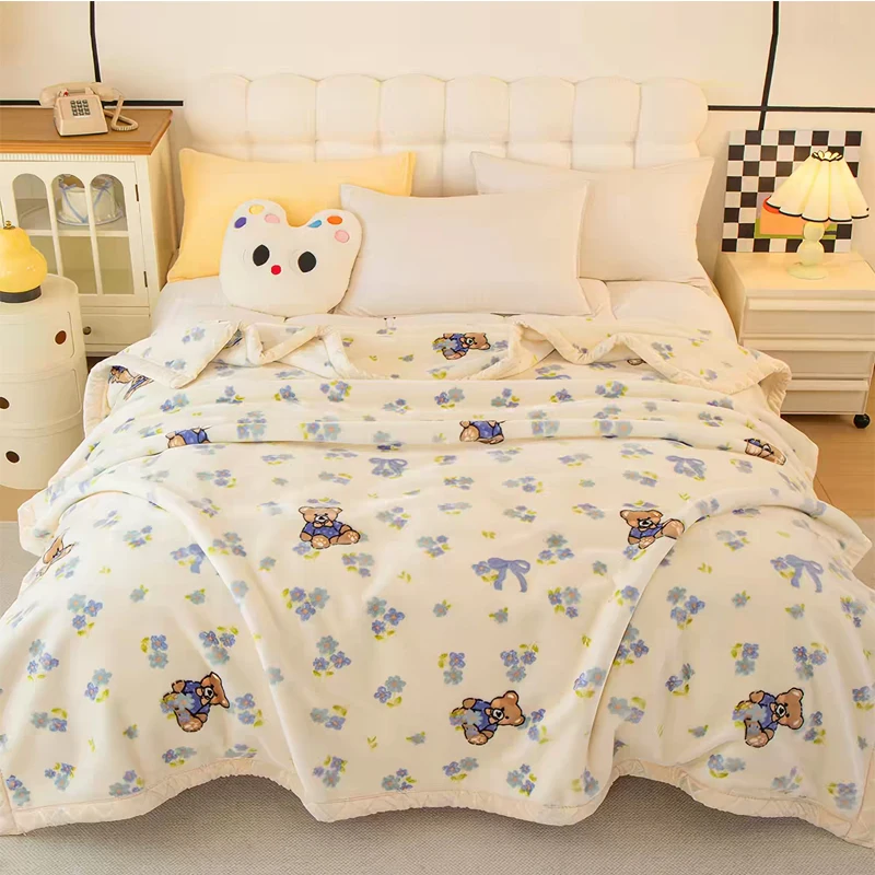 Korean Style Raschel Mink Blankets Winter Soft Warm Double Layers Cartoon Design 150*200 Cm Faux Fur Bedspread Plaid Blankets