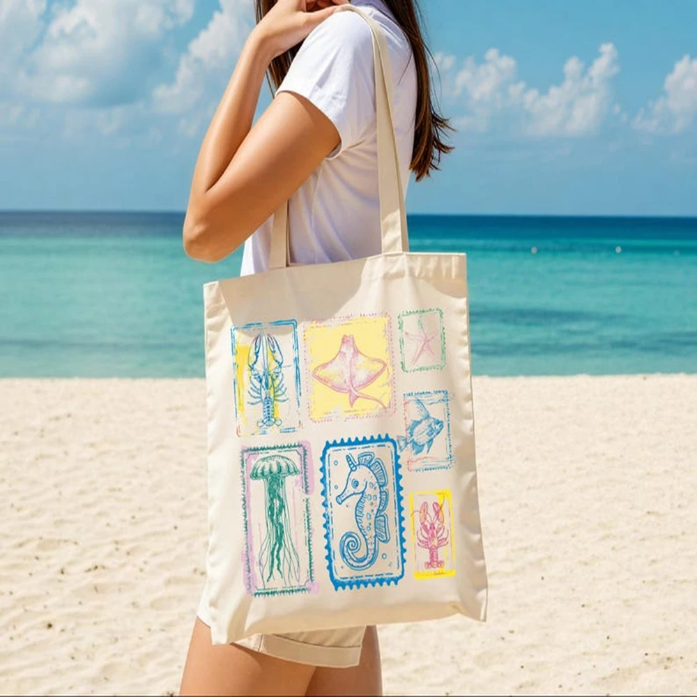 

Personalized Canvas Beach Tote Bag Printed Shoulder Bag Cotton Summer Vacation Totes Beach Holiday Essential