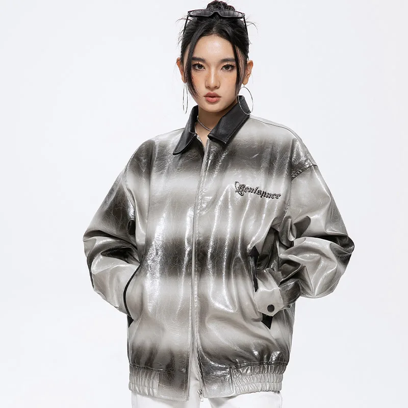 

Hip Hop Gradient Hit Color Letter Embroidery PU Jackets for Men Oversized Lapel Zipper Leather Jacket Coat Autumn Trendy Unisex