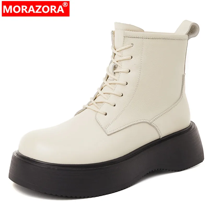 

MORAZORA 2024 New Simple Ankle Platform Boots Genuine Leather Cross Tied Women Boots Ladies Flat With Heels Shoes