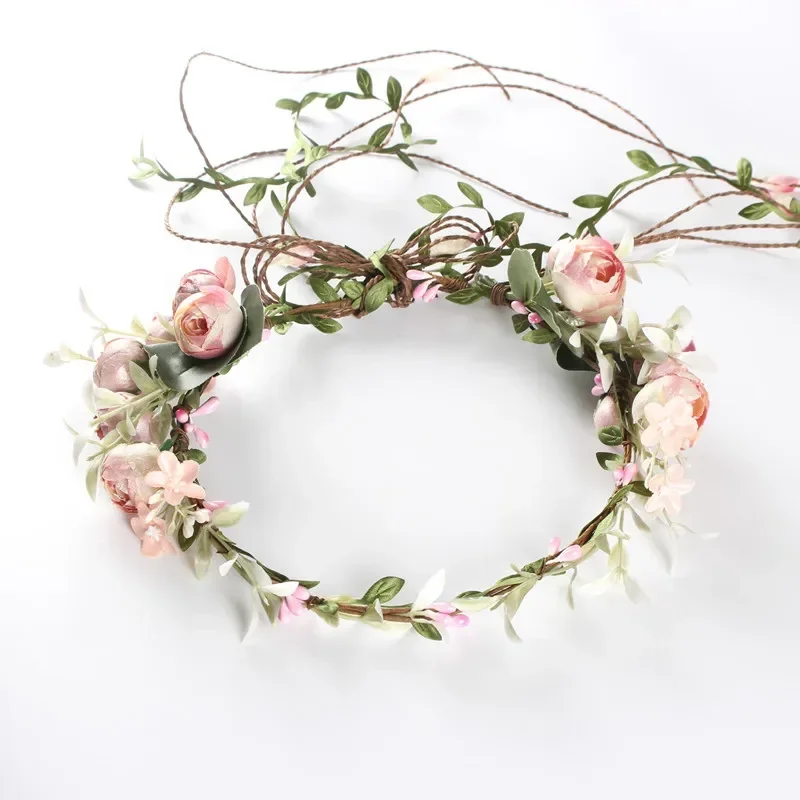 Faux Rose Rattan Flower Crown Hairband Floral Garland Headband Wedding Beach Decorate Photo Props Women Girl Hair Accessories