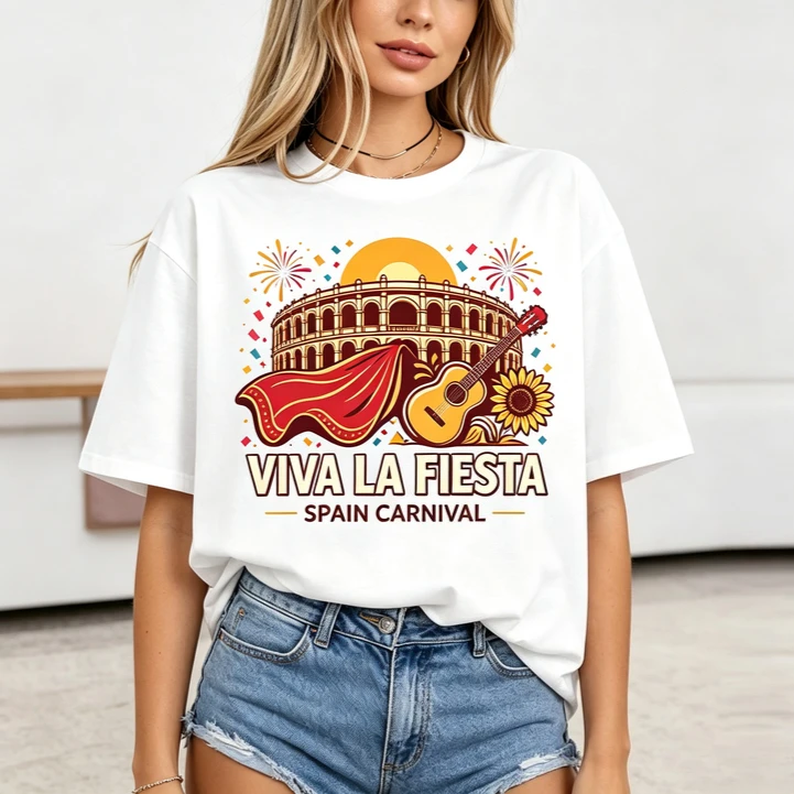 Spain Carnival Fiesta Graphic T Shirt Retro Bullring Guitar Sunflower Design Casual Tee Cotton Unisxe Y2k Top Women Clothing