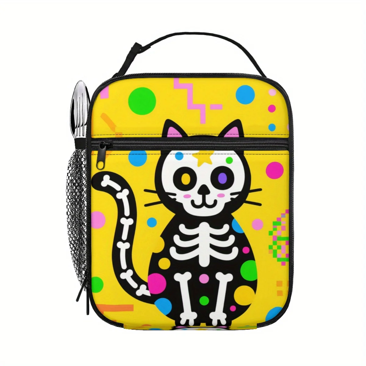 

Men's Gothic Cat Purse Halloween Handbag with Skeleton Design 10 Inch Large Capacity Bag, Top Handle Closure