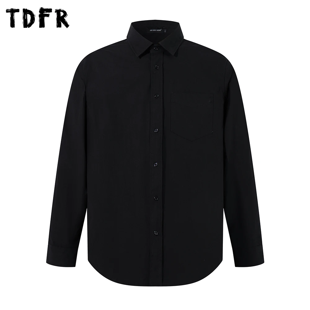 

Basic Solid Color Long Sleeve Shirts Mens Autumn Simple Casual Loose Lapel Single Breasted Round Hem Cotton Shirts Man