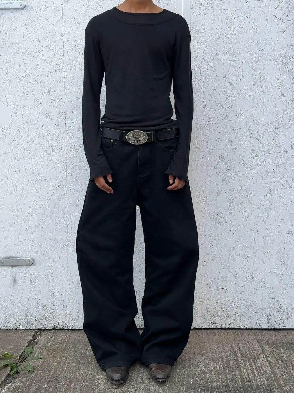 No Faith Studios Stereo Cut Loose Casual Baggy Wide Leg Wash Scimitar Black Jeans