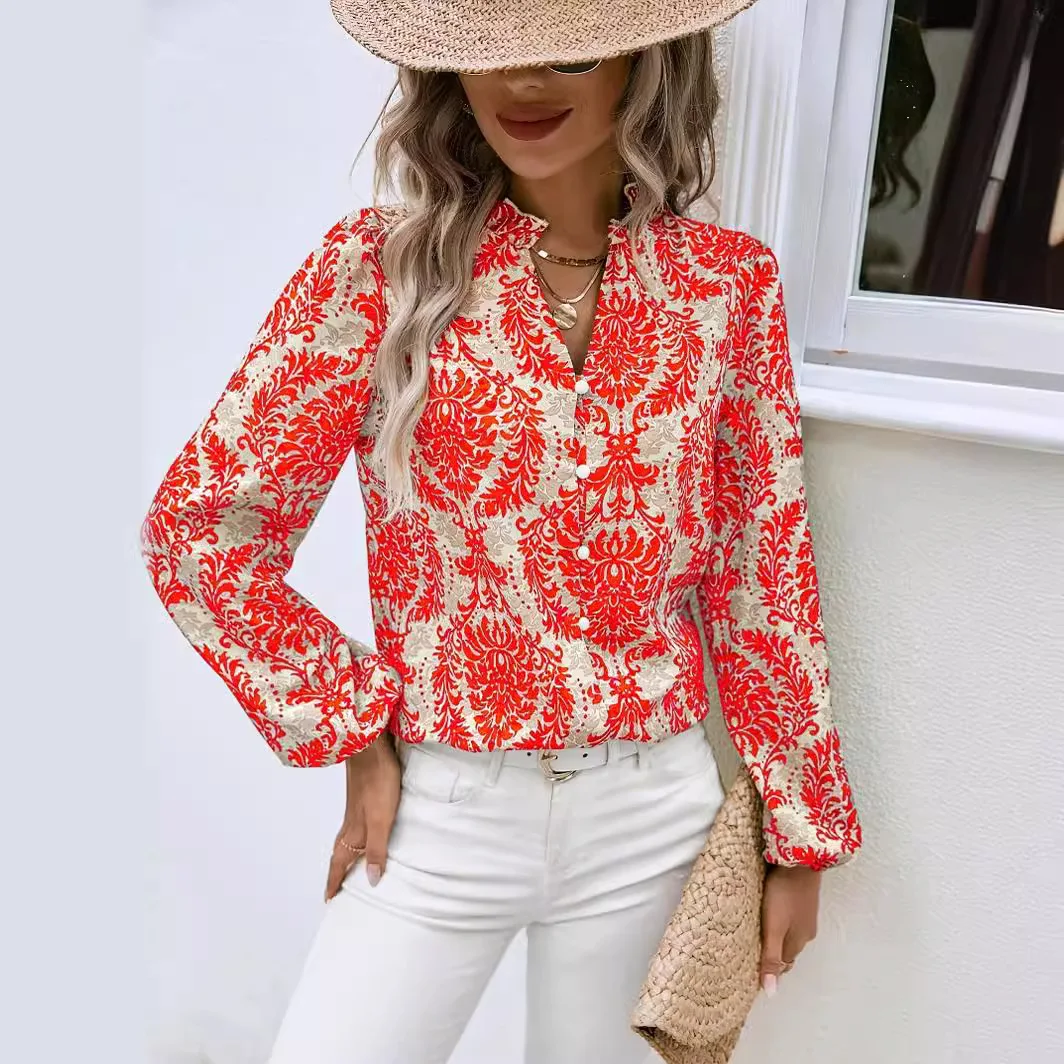 2025 novedad de verano para mujer, camisa con estampado bohemio para mujer, camisa elegante de manga larga a la moda con una sola botonadura, Top ajustado para mujer