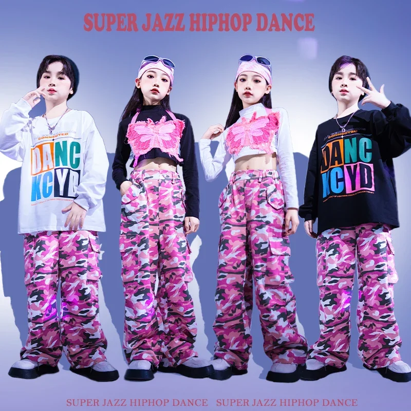 Trajes de dança Hip Hop feminino, tops de safra, calças rosa Camo Cargo, streetwear infantil, roupas de jazz, moletom adolescente